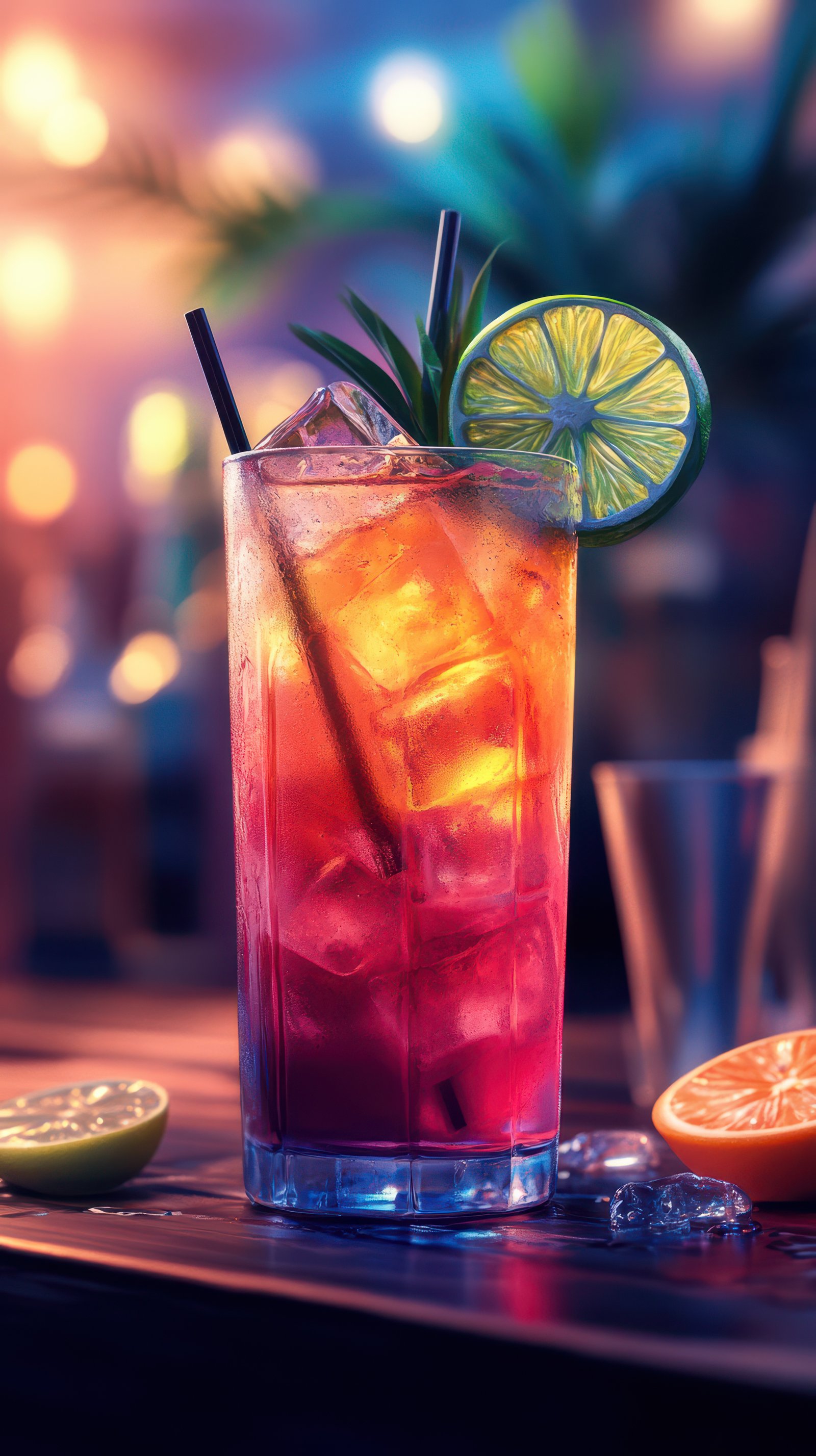 Colorful tropical cocktail decorated with lime and pineapple served on a wooden table at a lively beach bar during sunset